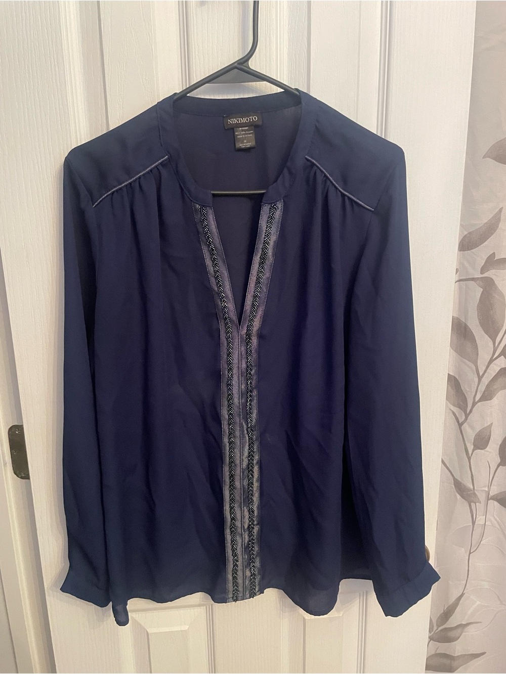 Navy Embellished Split-Neck Blouse